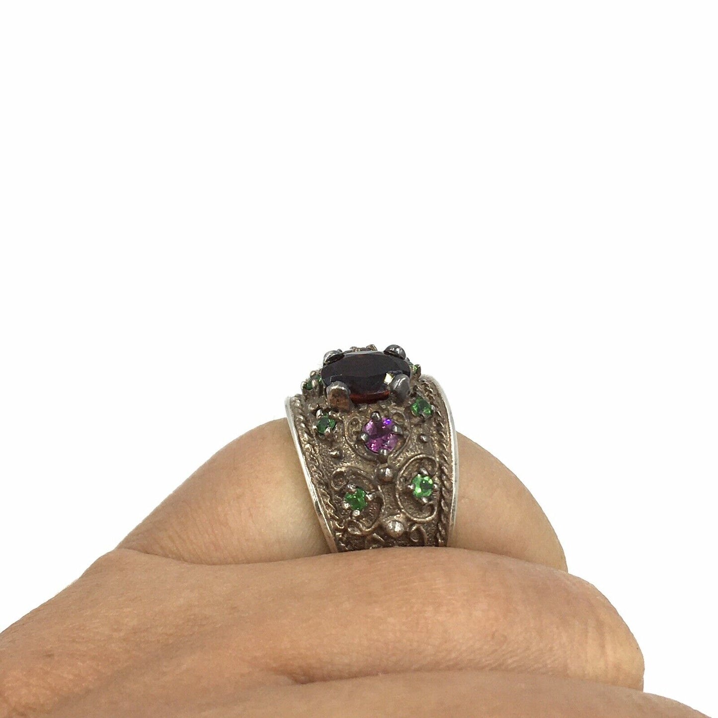 Garnet Amethyst Chrome Diopside Oxidized Sterling Silver Ring Size 5.5