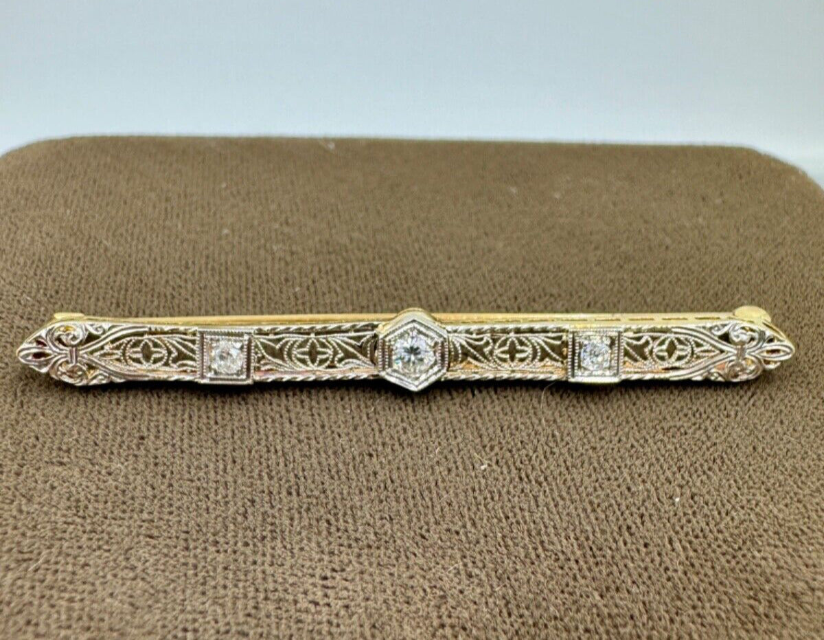 Taylor & Co Old Euro Cut Diamond 14k Yellow White Gold Brooch Pin