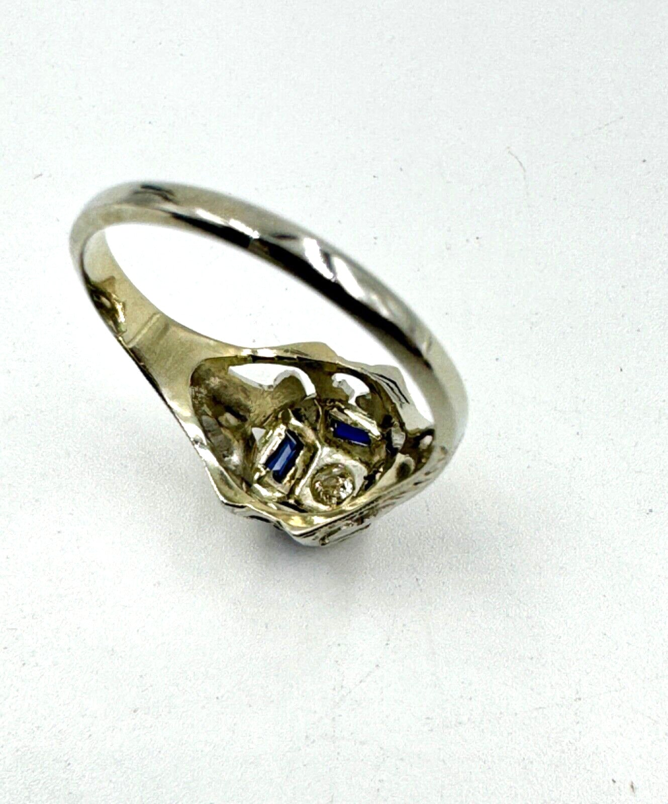 Art Deco 18K Gold Diamond and Sapphire Hand Etched Ring