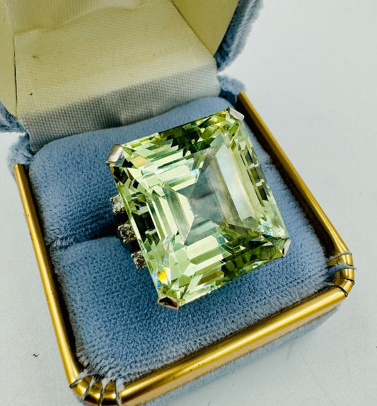 Huge Emerald Cut Green Beryl 14K White Gold Cocktail Ring