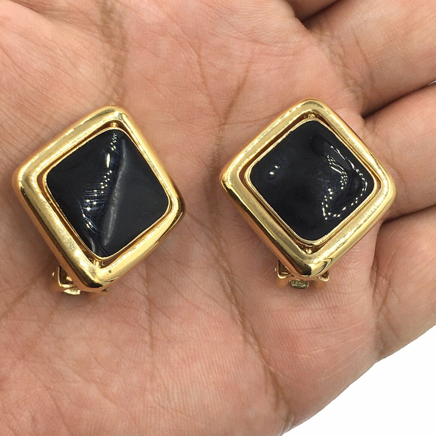 Vintage KJL Kenneth Jay Lane Reversible Black Blue Gold Tone Clip On Earrings