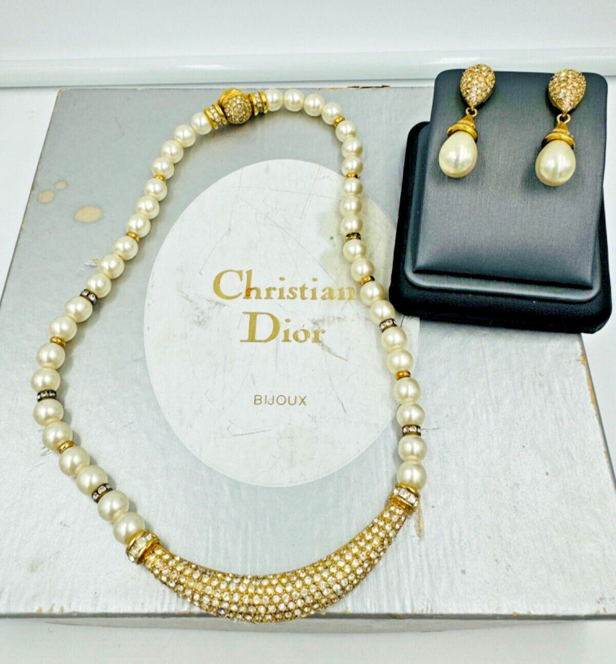 Christian Dior GROSSE Faux Pearl and Rhinstone Choker Dangle Earrings Set