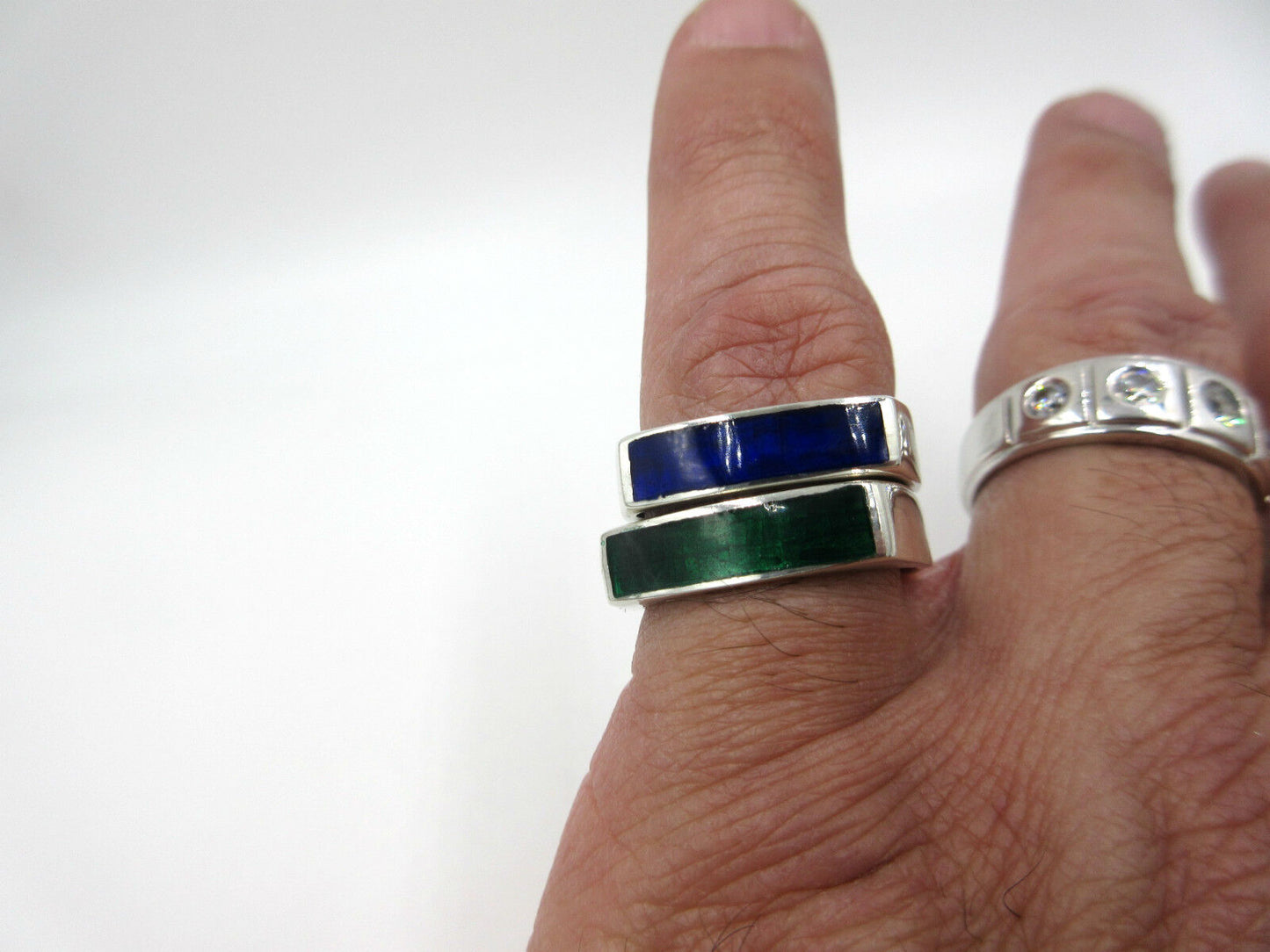 Siam Sterling Silver Blue & Green Enamel Ring Wedding Band Set of 2