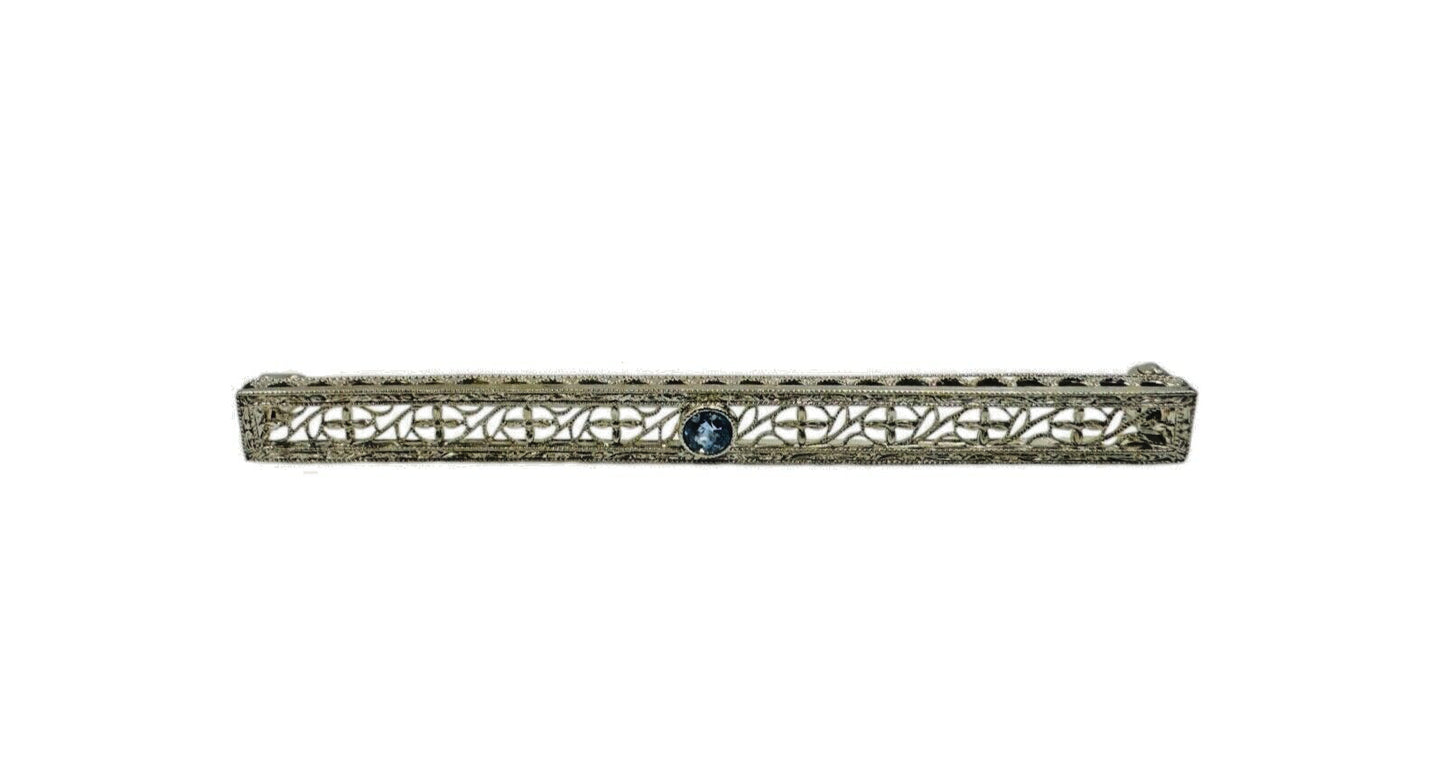 Art Deco Krementz 14k White Gold Filigree Natural Sapphire Bar Brooch Pin