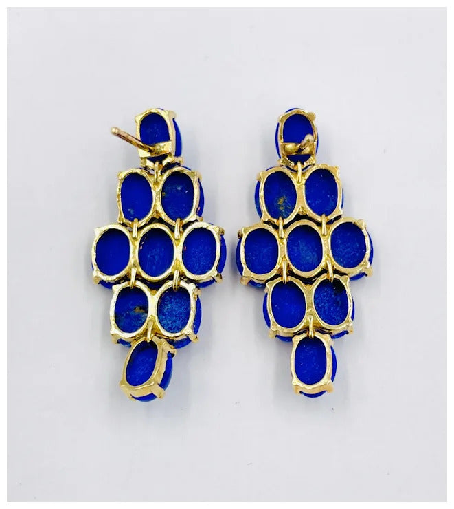 Vintage Hand Made 14k Gold Lapis Lazuli dangle earrings Mid-Century