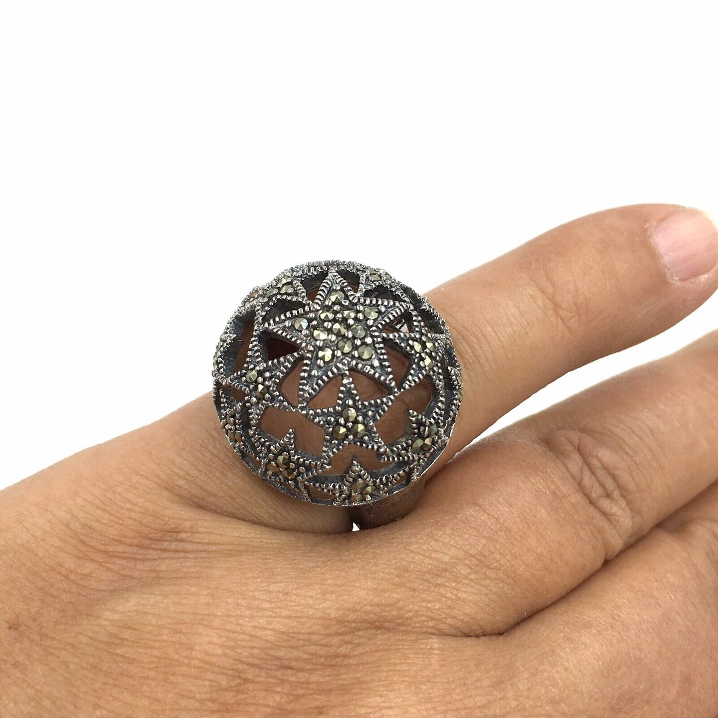 Marcasite Star Dome Sterling Cocktail Ring Size 6.75