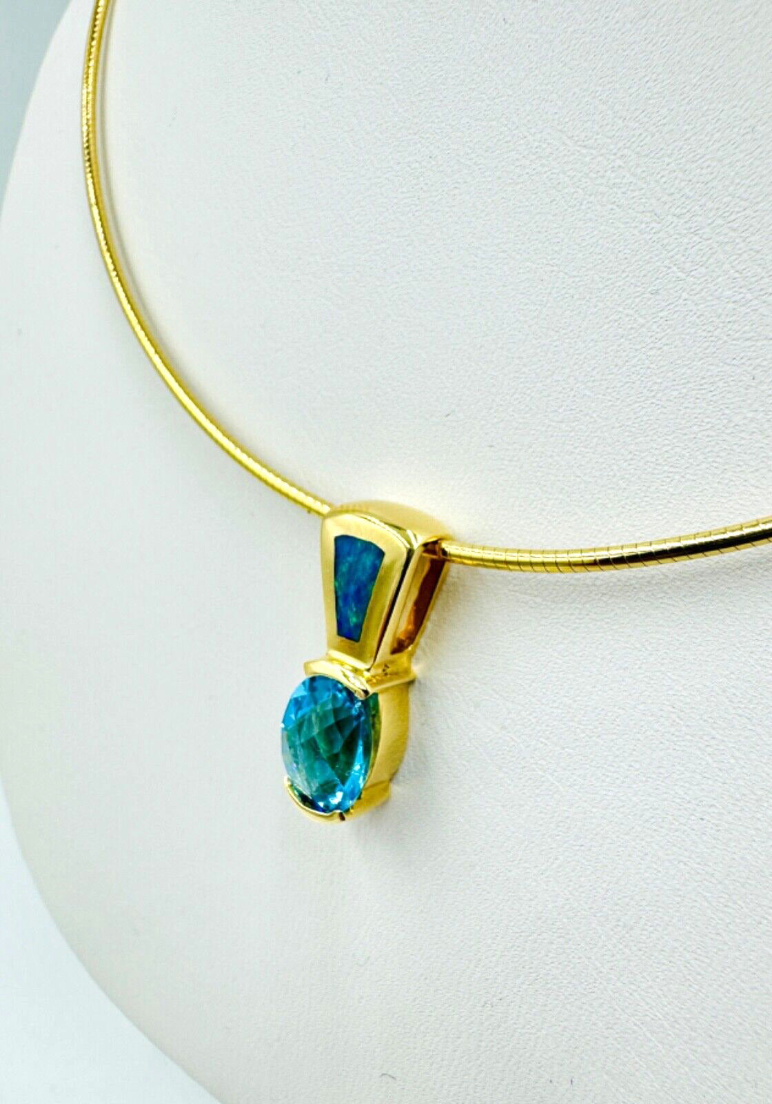 14k yellow Gold Opal and Blue Topaz  Pendant Necklace