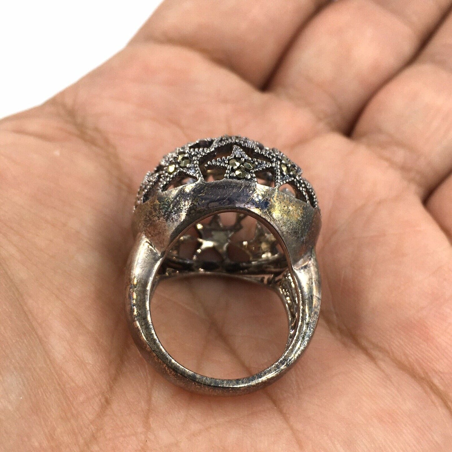 Marcasite Star Dome Sterling Cocktail Ring Size 6.75