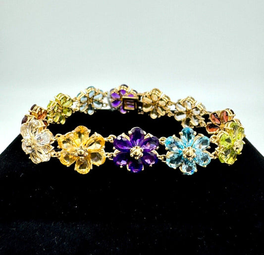 14k Yellow Gold Multi Gemstone Flower Link bracelet Signed