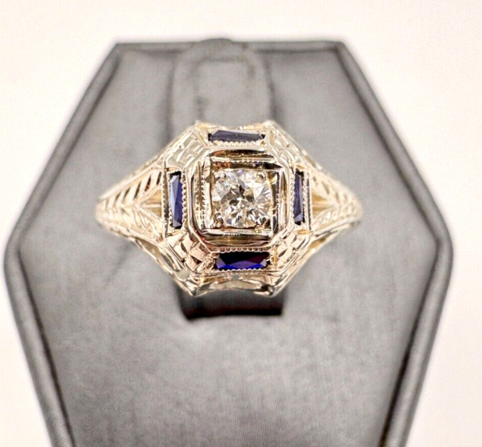 Art Deco 18K Gold Diamond and Sapphire Hand Etched Ring