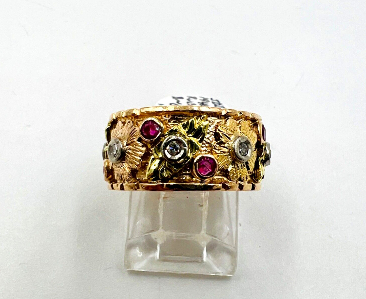 1940s Retro 14k Rose Gold Ruby Diamond 9mm Wide Band Ring