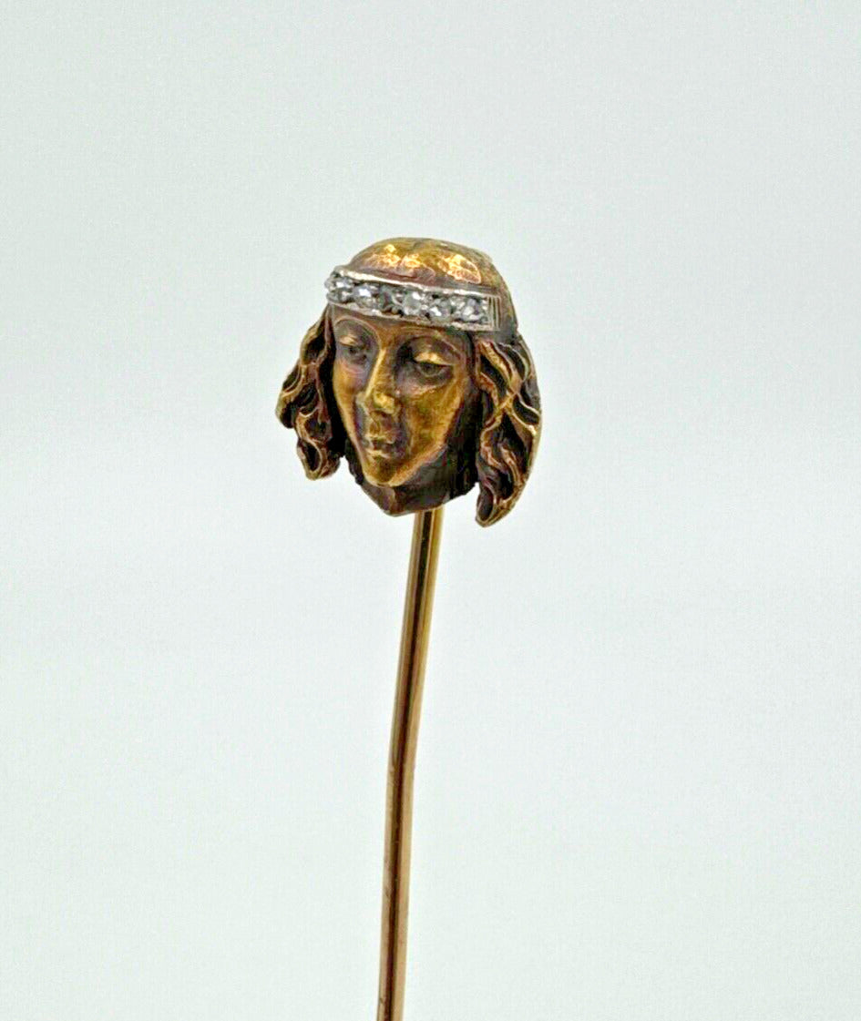 18k gold Art Nouveau Lady stick pin with Rose Cut Diamonds