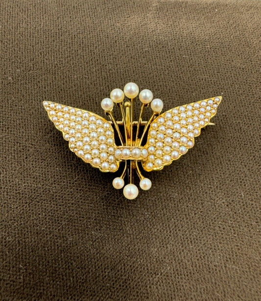 Hammerman Brothers 14K Yellow Gold Pearl Wings Crown Brooch Pin Vintage