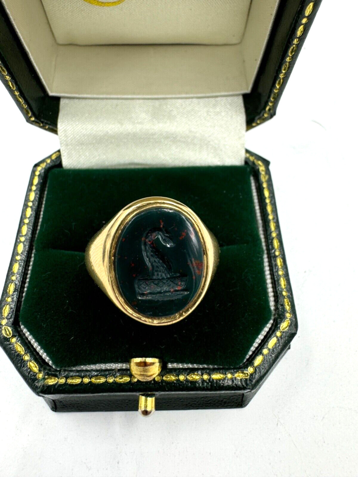 Antique London BloodStone Dragon Signet Ring 18k Circa 1918