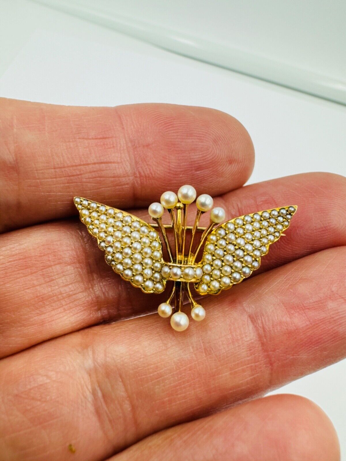 Hammerman Brothers 14K Yellow Gold Pearl Wings Crown Brooch Pin Vintage