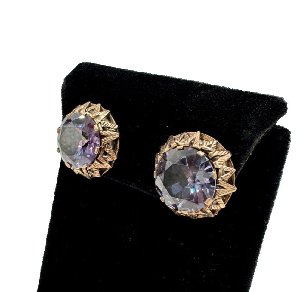 Vintage 9k  ct Gold Synthetic Change Sapphire Clip on Earrings Rose Gold