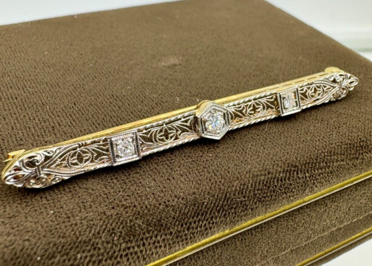 Taylor & Co Old Euro Cut Diamond 14k Yellow White Gold Brooch Pin