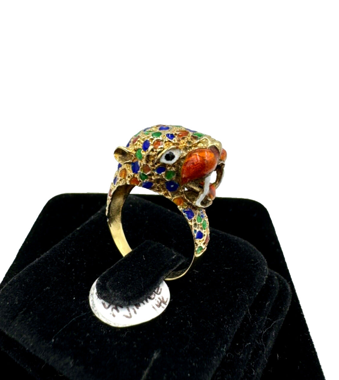 Estate 14k Yellow Gold  Leopard Ring Multi Color Enamel