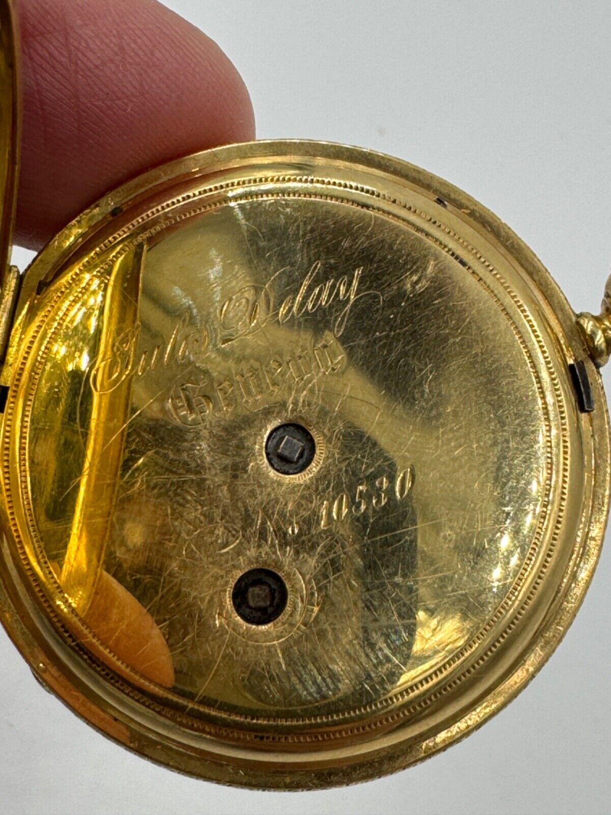 Antique 18k Gold Enamel Full Hunter Pocket Watch by Jules Delay with Key