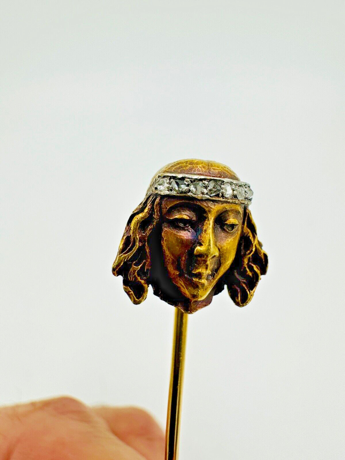 18k gold Art Nouveau Lady stick pin with Rose Cut Diamonds