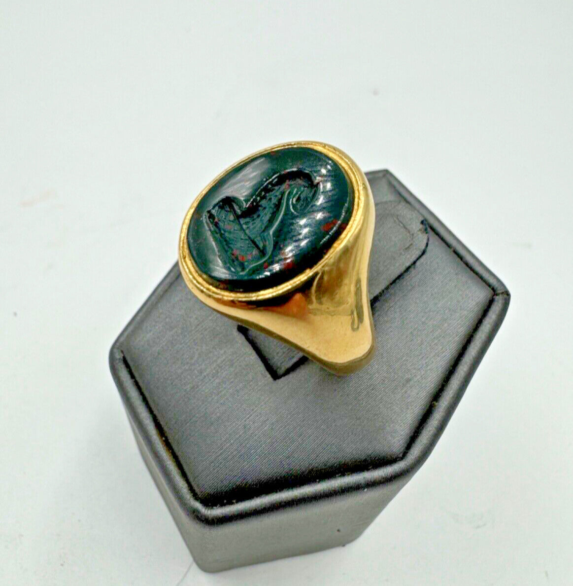 Antique London BloodStone Dragon Signet Ring 18k Circa 1918