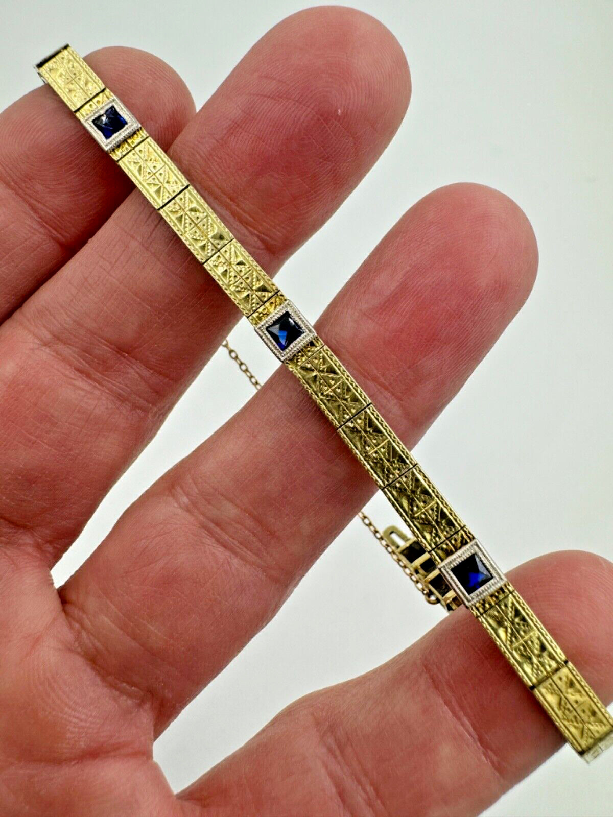 Authentic Art Deco 14k Yellow Gold Filigree Bracelet French Cut Sapphires