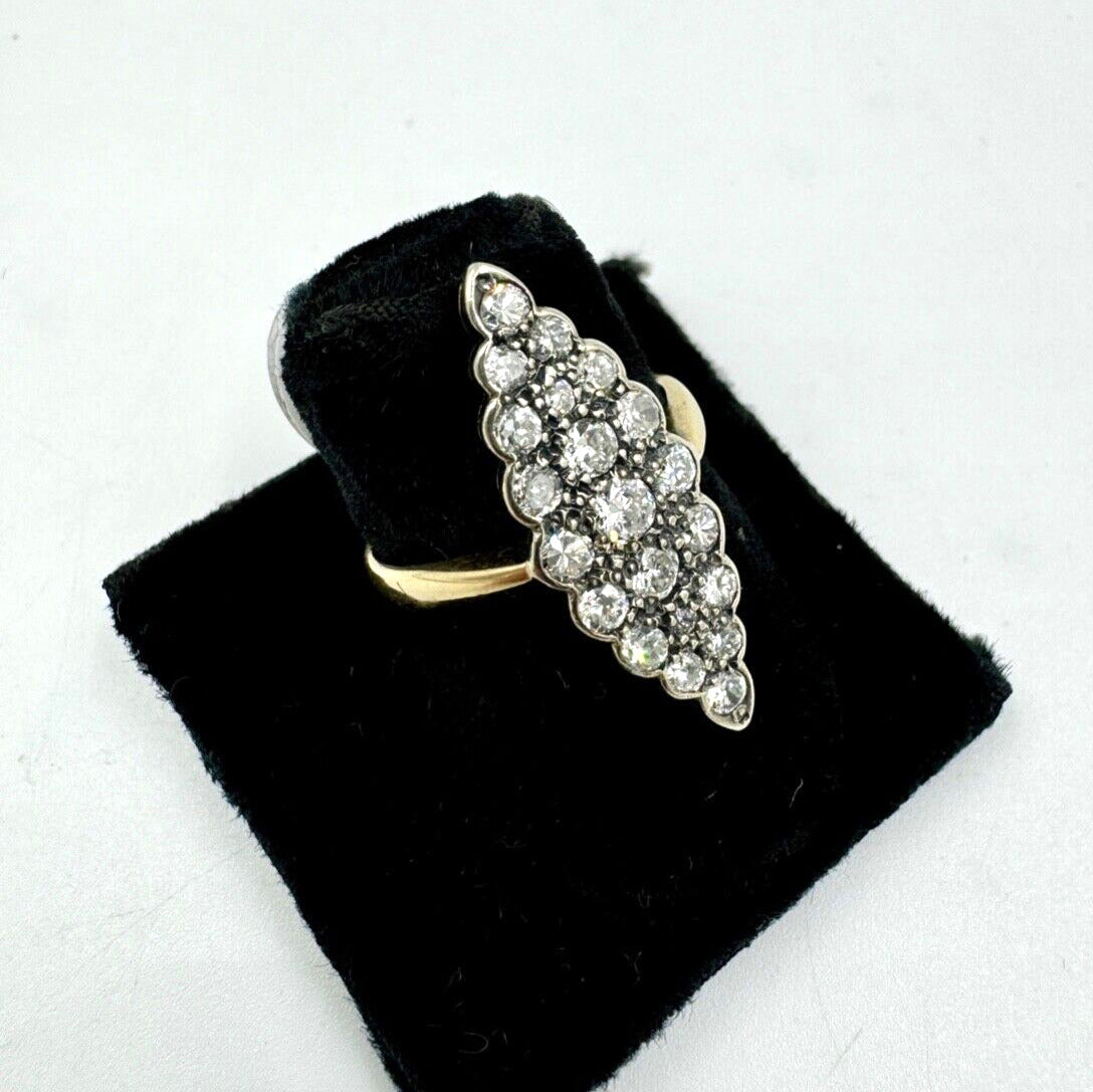 Antique 18K Gold Diamond Silver Top Cluster Navette Ring