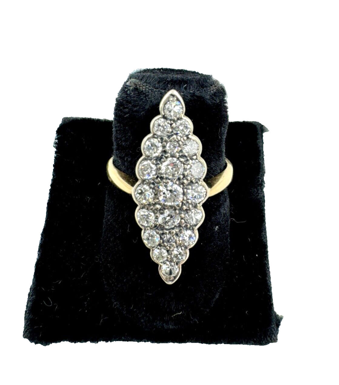 Antique 18K Gold Diamond Silver Top Cluster Navette Ring