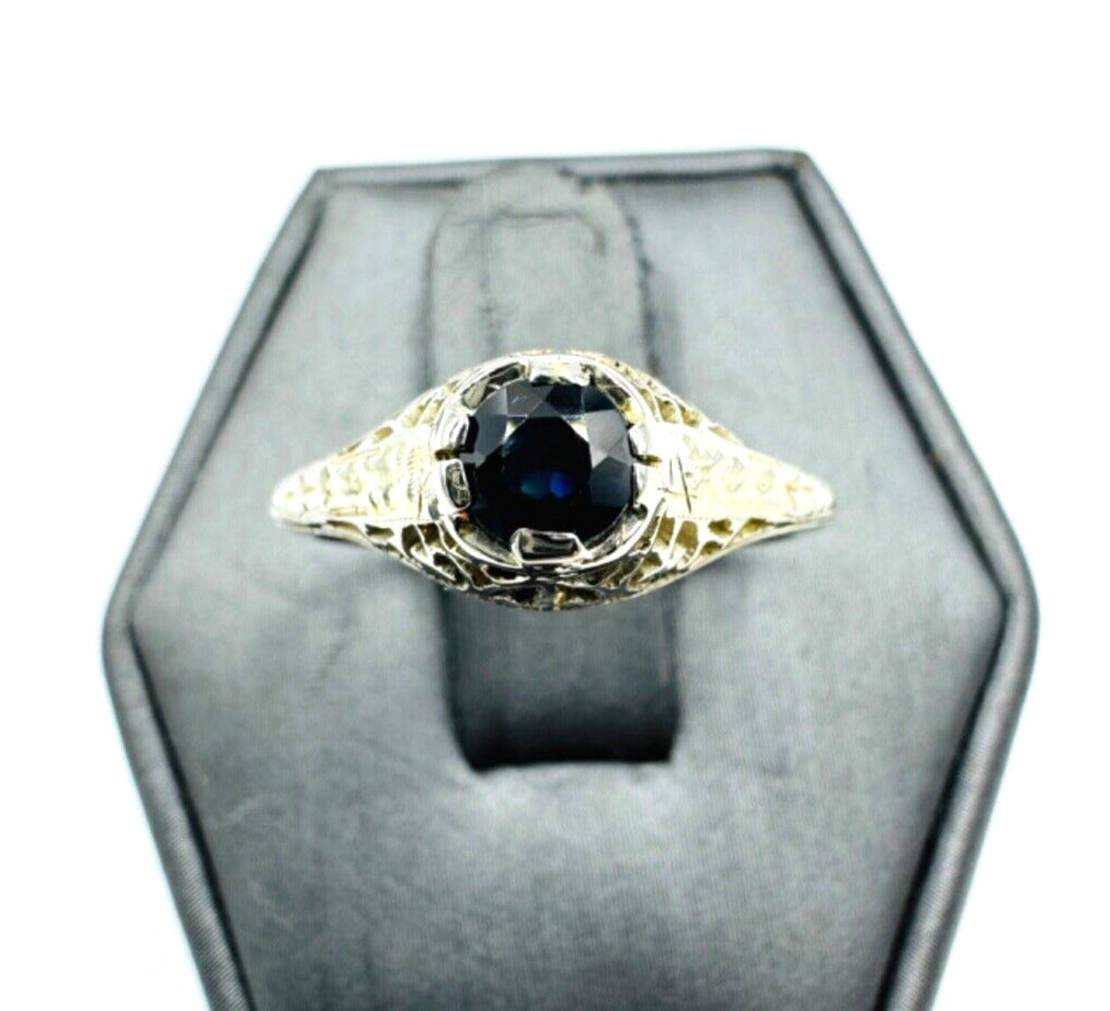 Art Deco 18K White Gold Sapphire Solitaire Filigree Ring