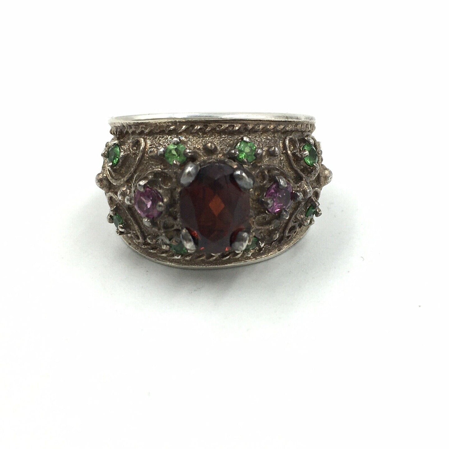 Garnet Amethyst Chrome Diopside Oxidized Sterling Silver Ring Size 5.5