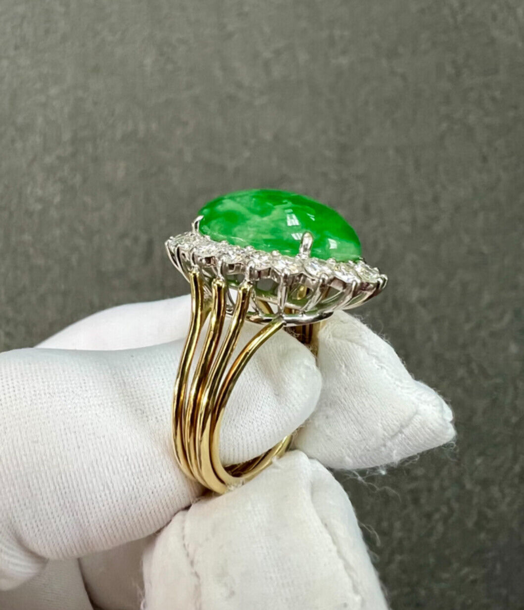 GIA Jade Diamonds Halo 18k Yellow Gold and Platinum Cocktail Ring