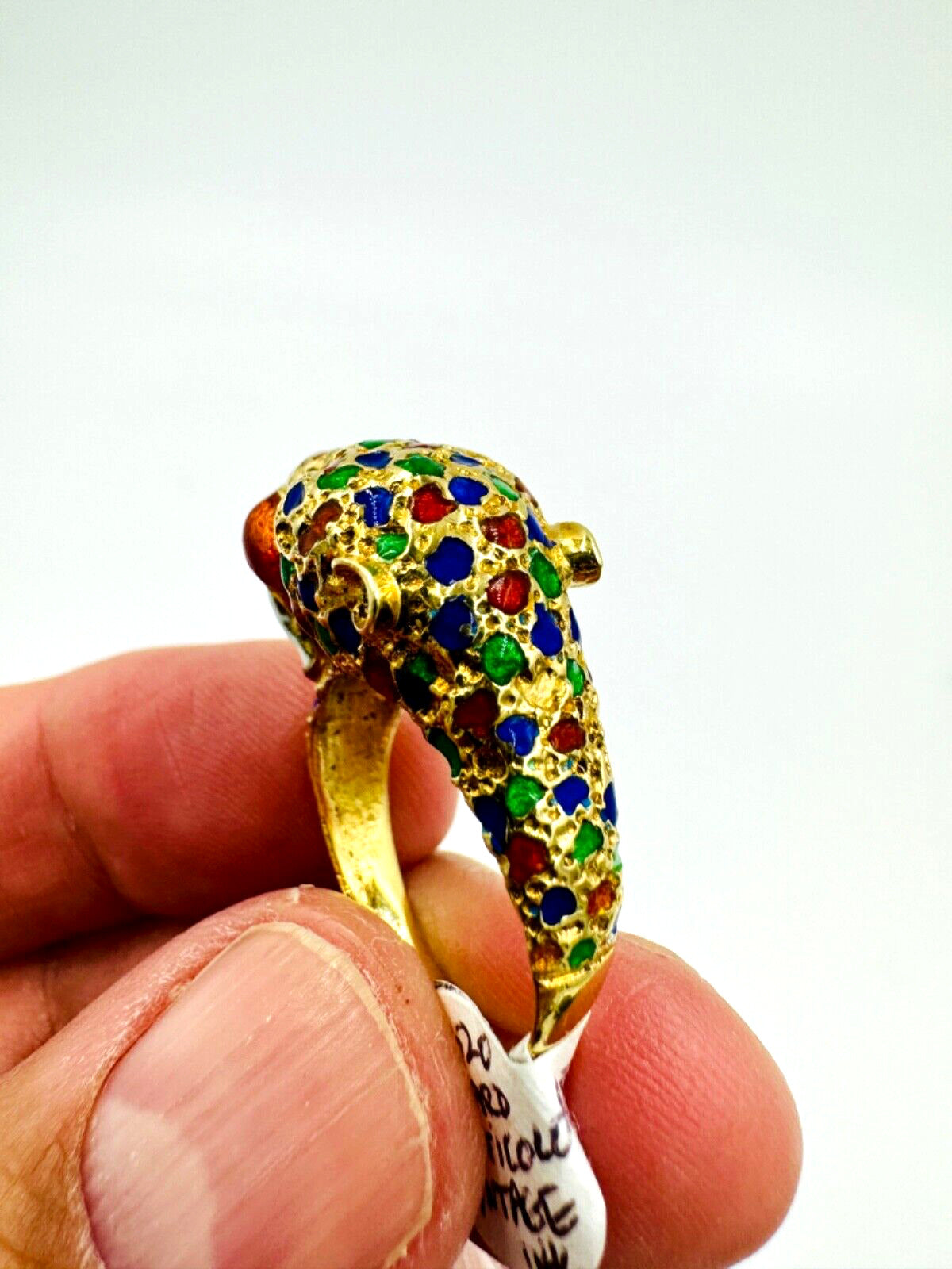 Estate 14k Yellow Gold  Leopard Ring Multi Color Enamel