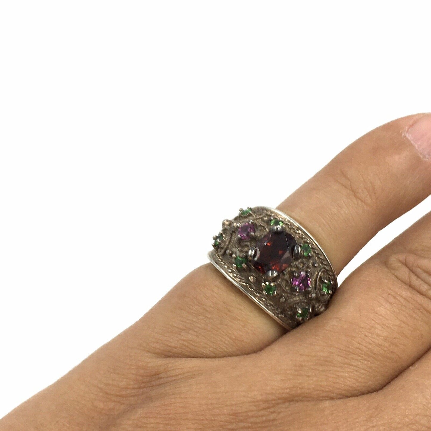 Garnet Amethyst Chrome Diopside Oxidized Sterling Silver Ring Size 5.5