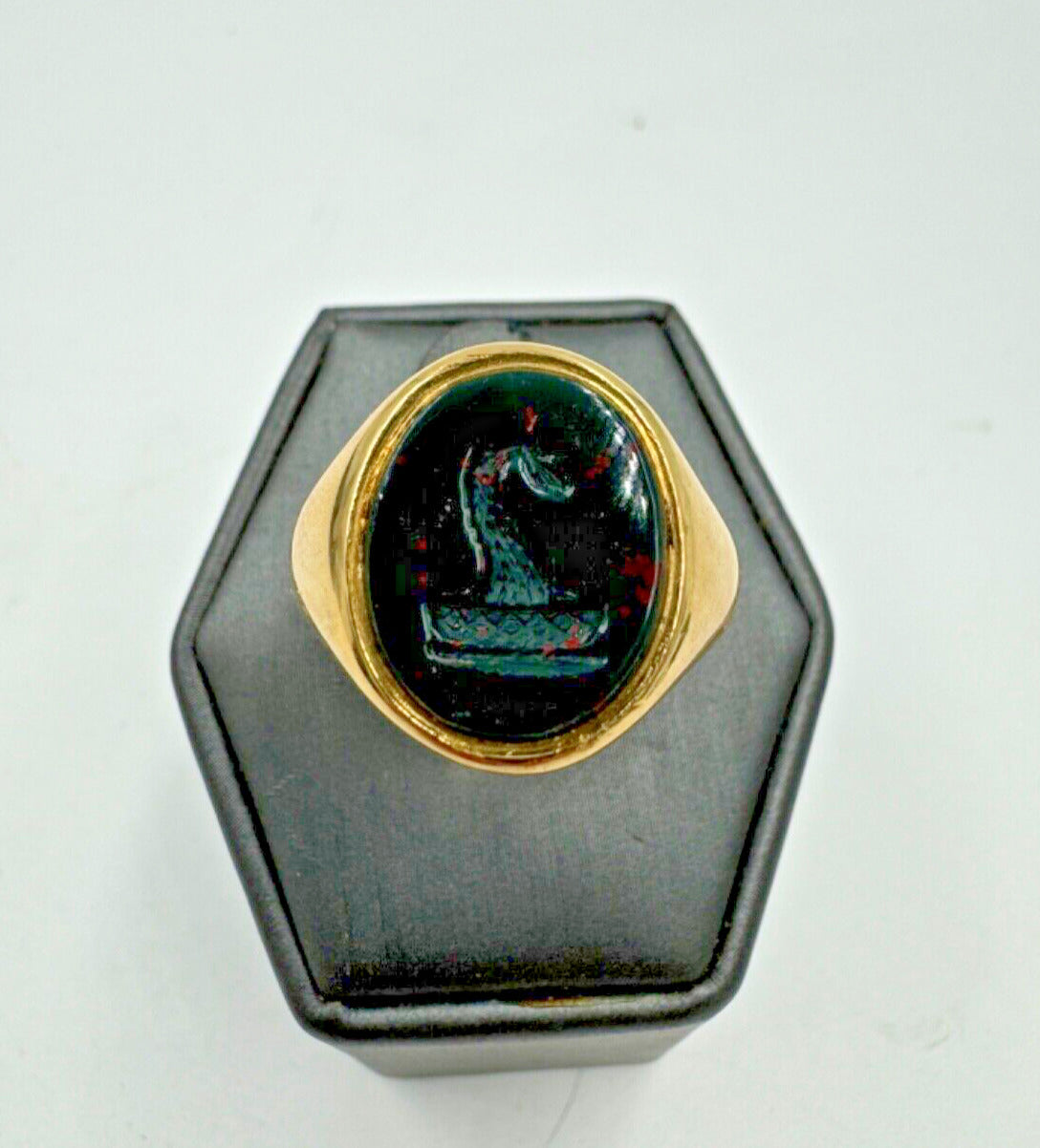 Antique London BloodStone Dragon Signet Ring 18k Circa 1918