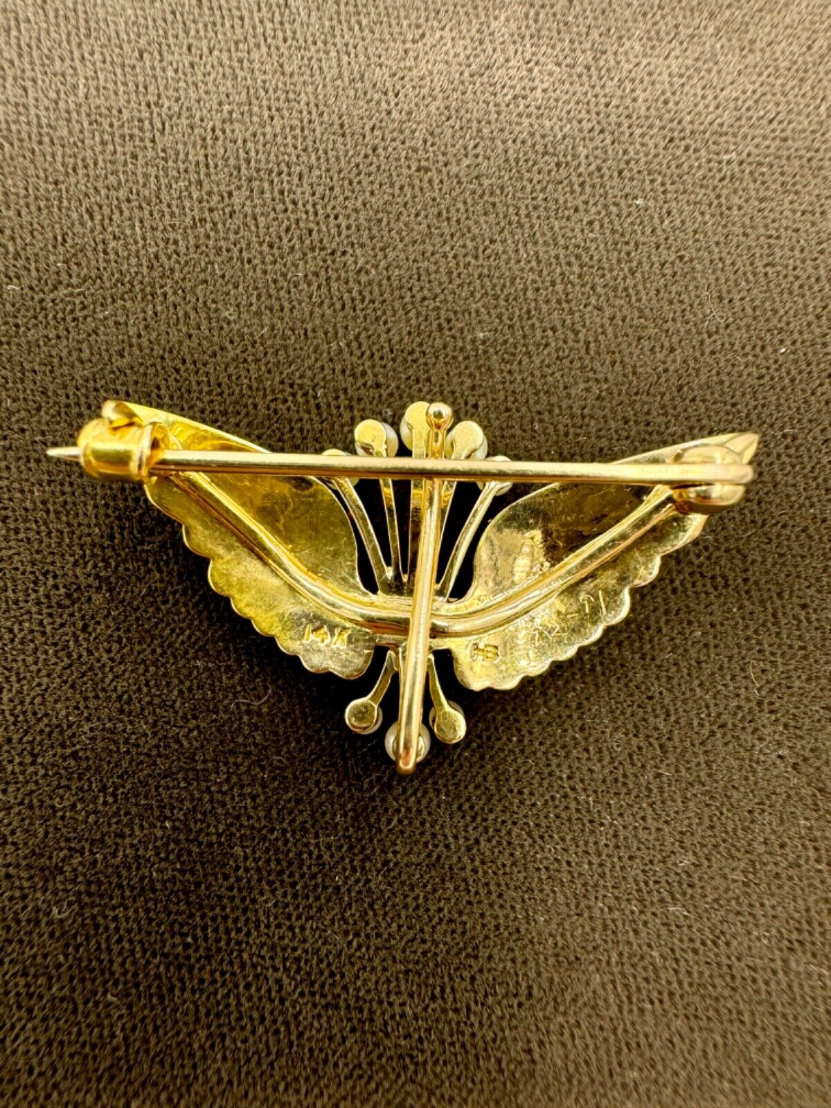 Hammerman Brothers 14K Yellow Gold Pearl Wings Crown Brooch Pin Vintage