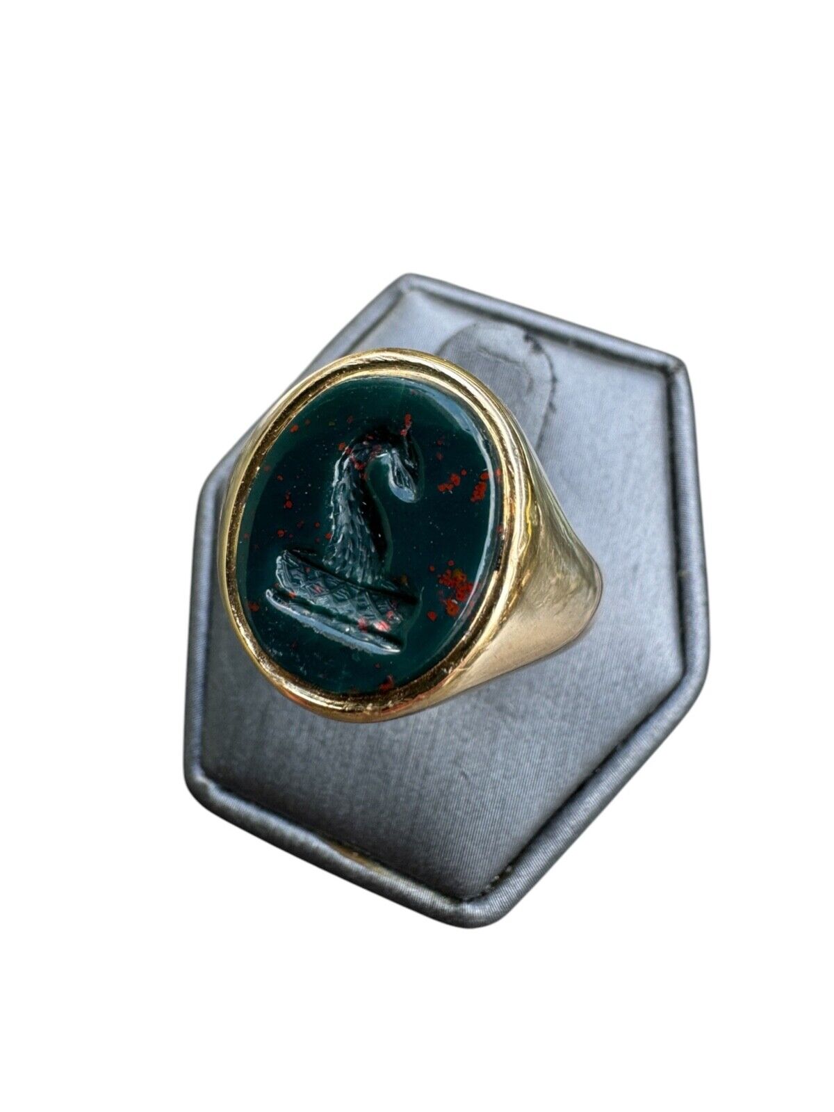 Antique London BloodStone Dragon Signet Ring 18k Circa 1918