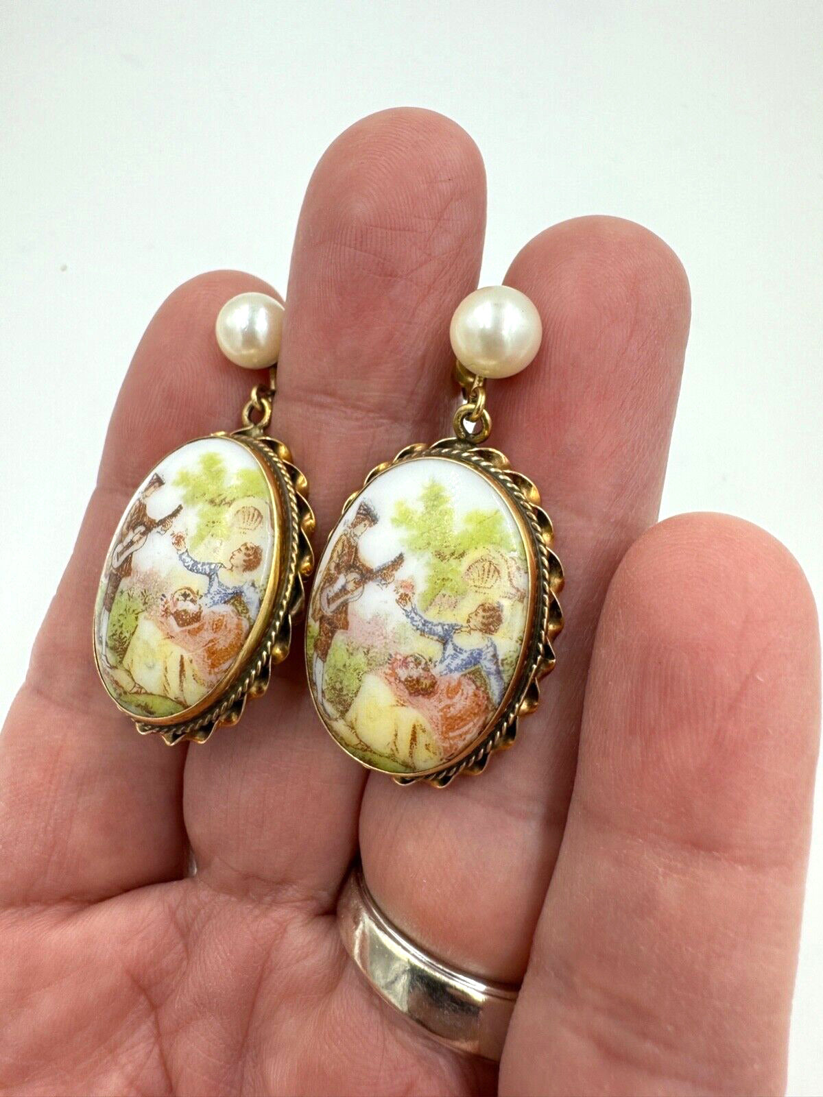 14K Limoges Fragonard large Porcelain Hand Painted Pearl Dangle Earrings