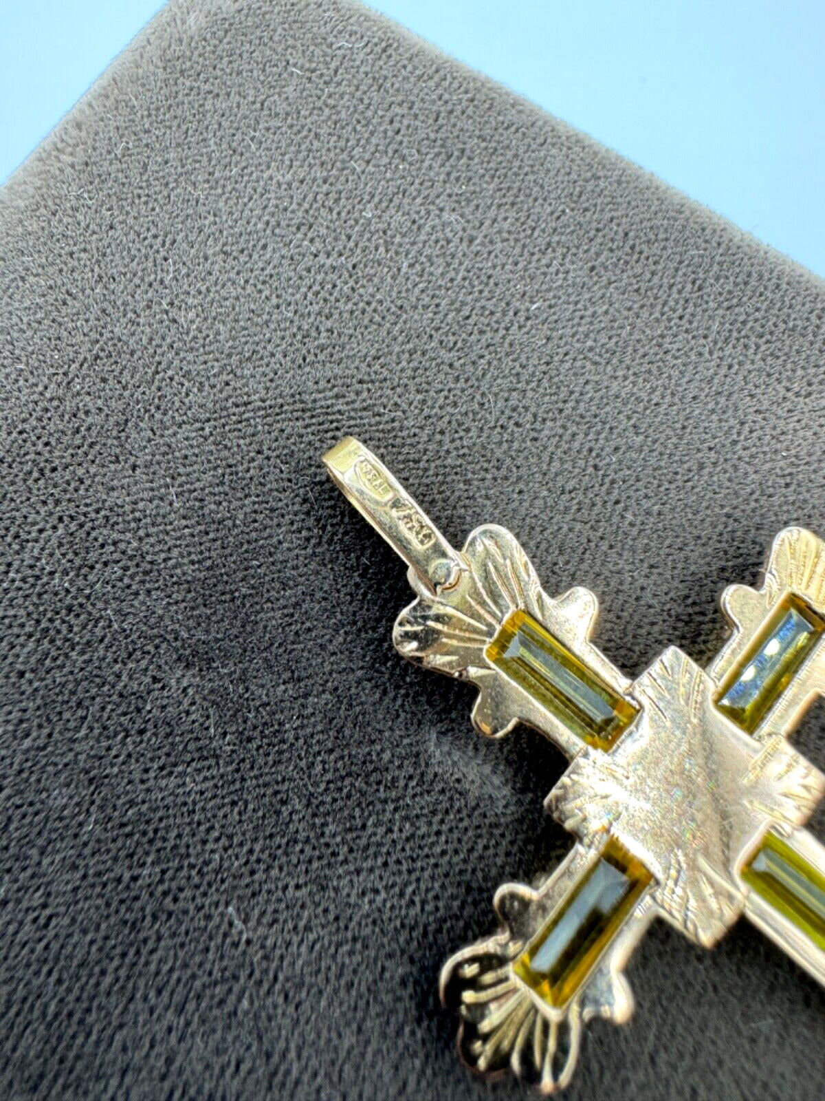 Estate Italian 18k Yellow Gold Diamond and Yellow Stone Cross Pendant