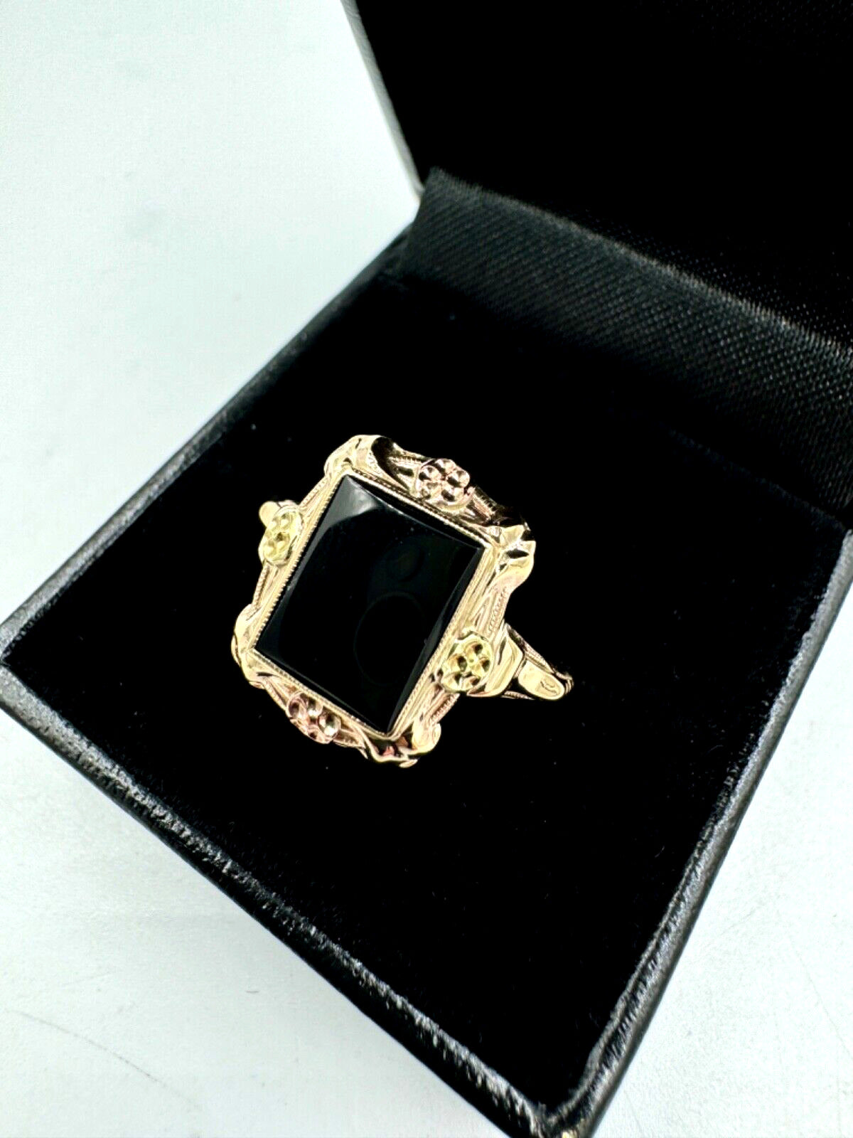 Art Deco 10K Tri Color Gold Onyx Ring