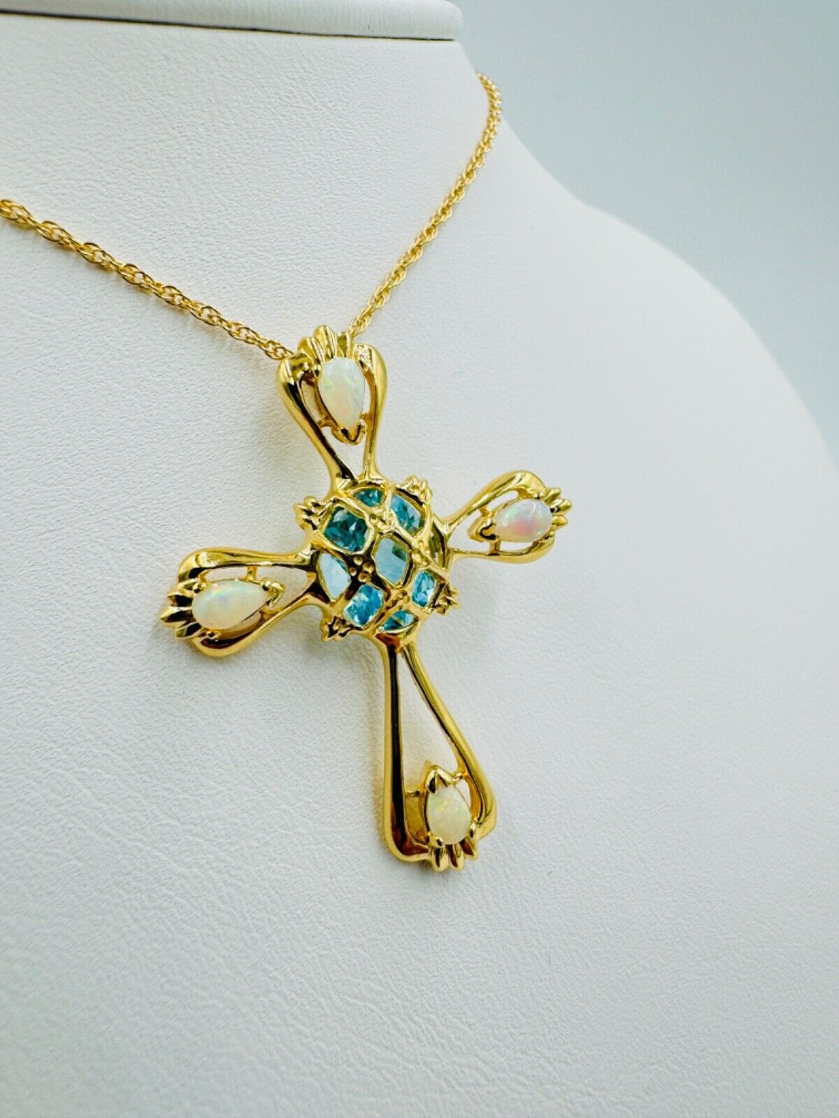 Estate 14k yellow gold Opal Topaz Cross Necklace Pendant