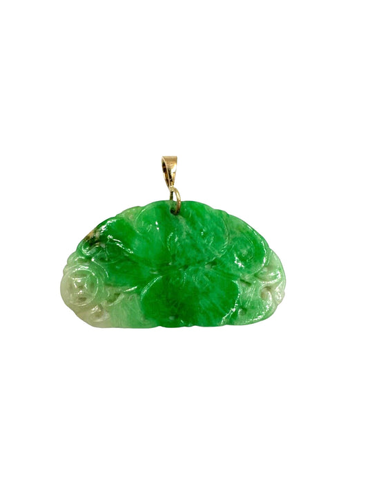 Vintage Jade Jadeite Carved Flower Pendant with 14k gold