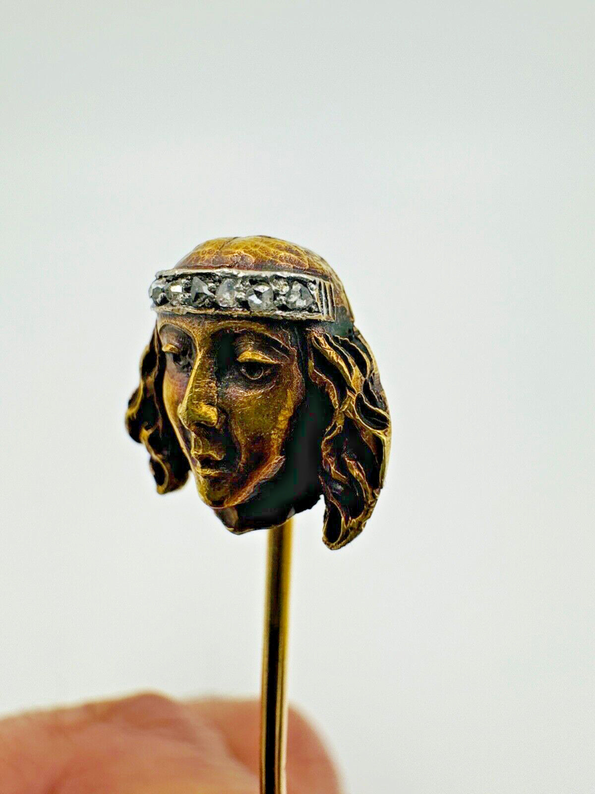 18k gold Art Nouveau Lady stick pin with Rose Cut Diamonds