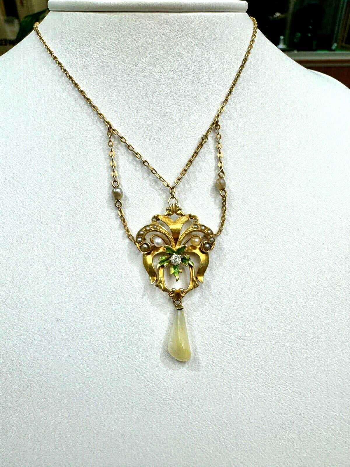 Antique 10k Lavalier  Diamond Pearl Pendant Necklace Enamel