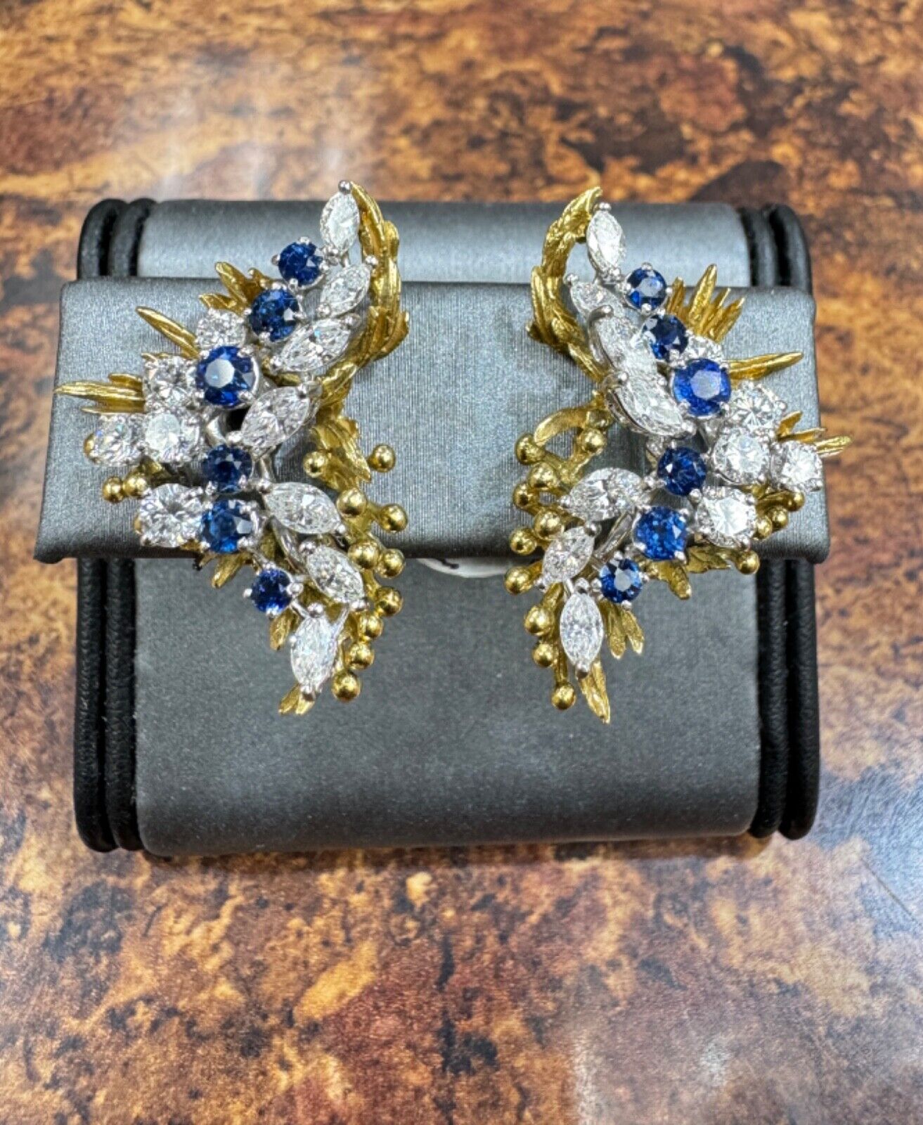 Estate 18k / Platinum Diamond Sapphire Earrings Circa 1970's