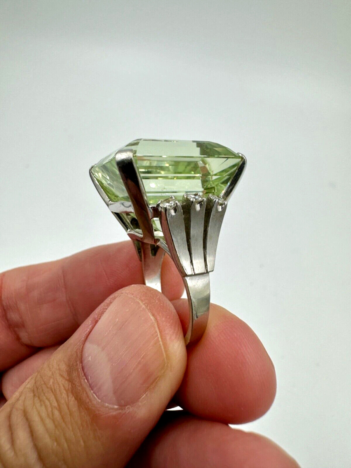 Huge Emerald Cut Green Beryl 14K White Gold Cocktail Ring