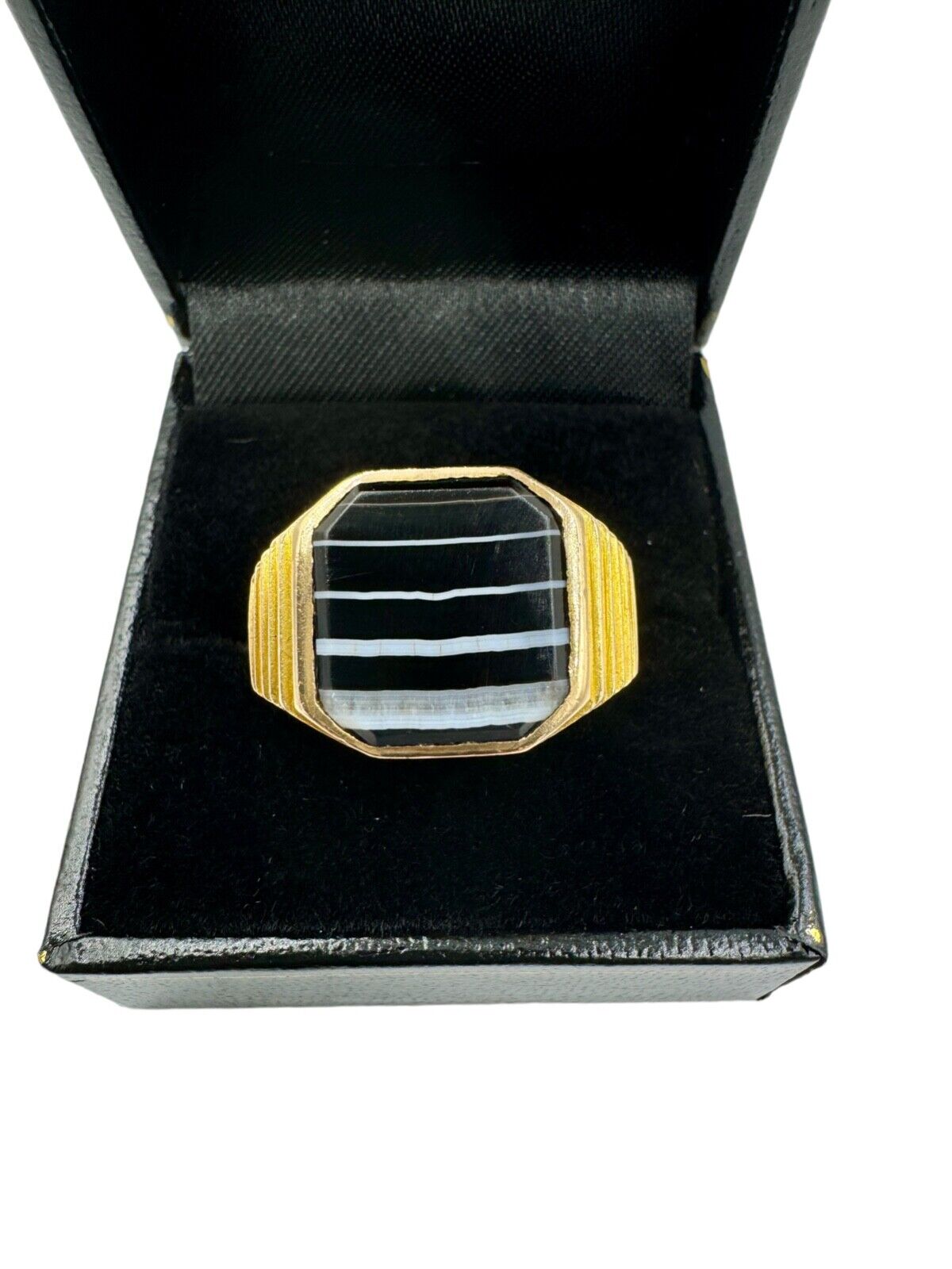 Art Deco 14k Yellow Gold Banded Agate Men's Ring