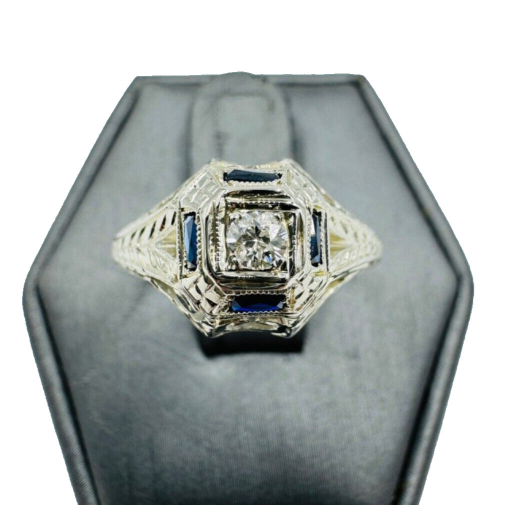 Art Deco 18K Gold Diamond and Sapphire Hand Etched Ring