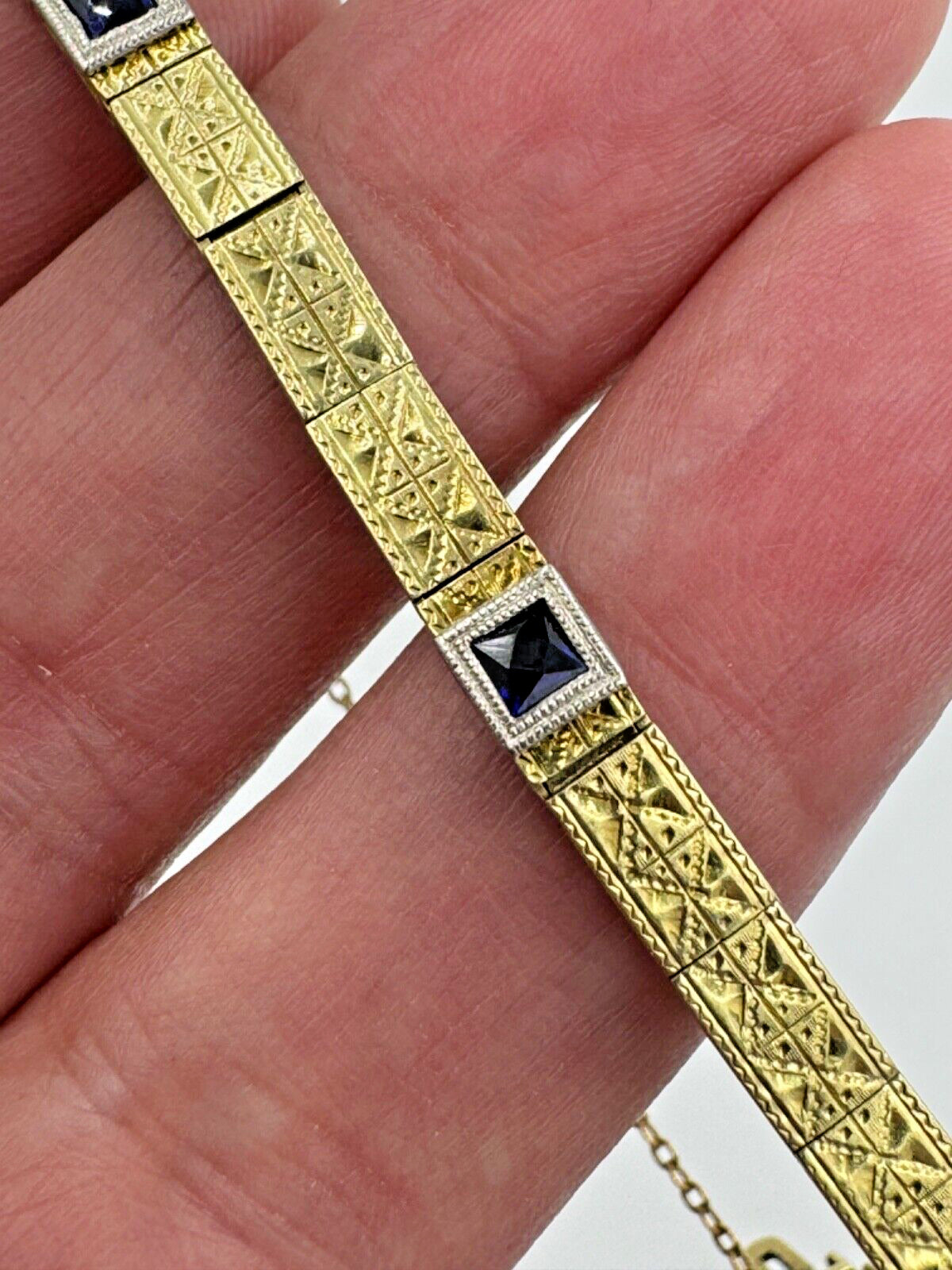 Authentic Art Deco 14k Yellow Gold Filigree Bracelet French Cut Sapphires