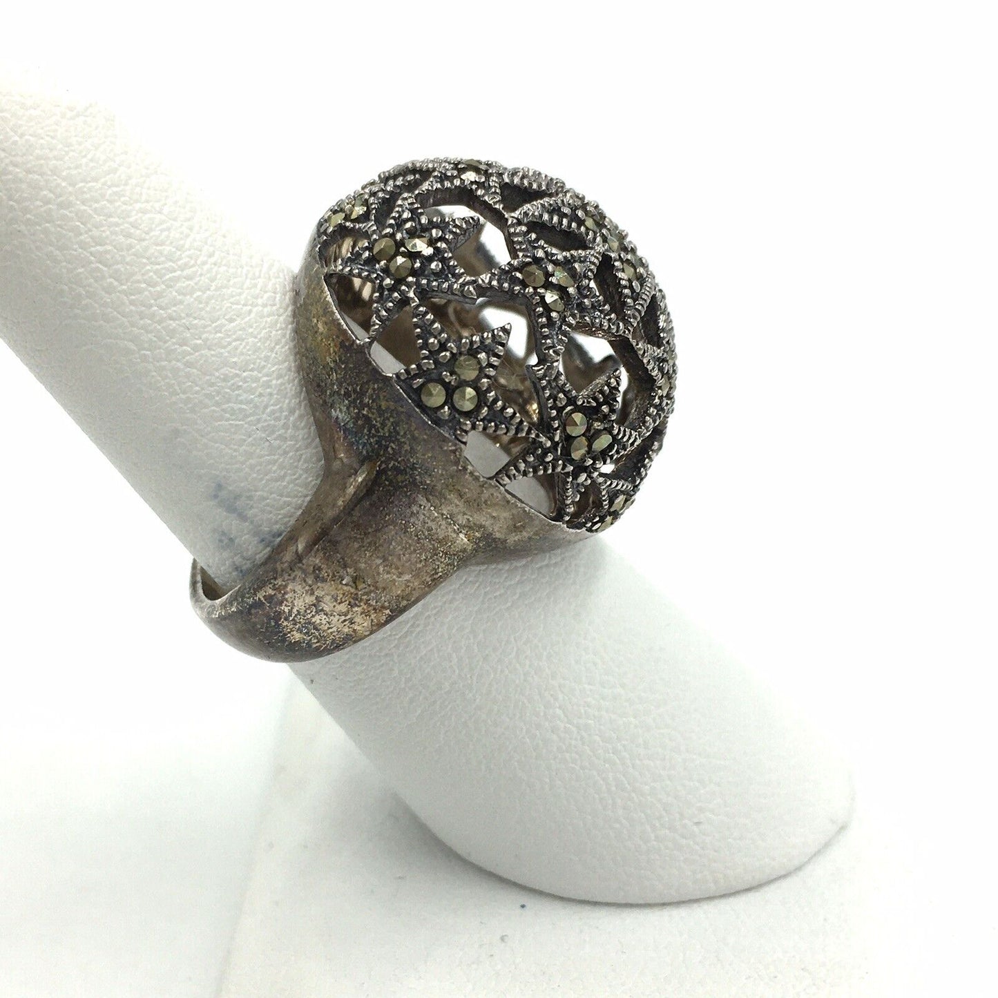 Marcasite Star Dome Sterling Cocktail Ring Size 6.75