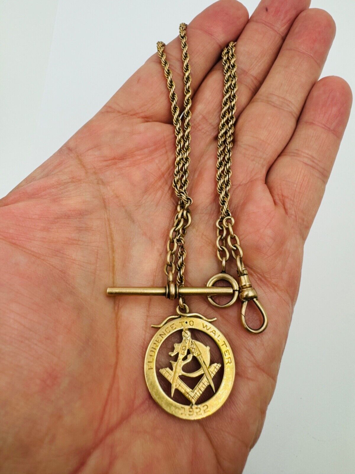 Antique Pocket Watch Chain Necklace 10K Yellow Gold  Masonic Fob